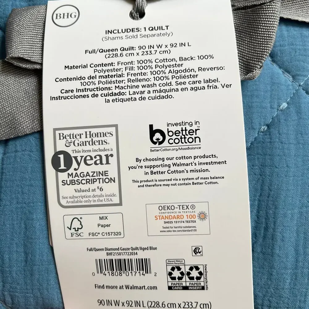 Better Homes & Gardens Blue Diamond Gauze Quilt, Full/Queen